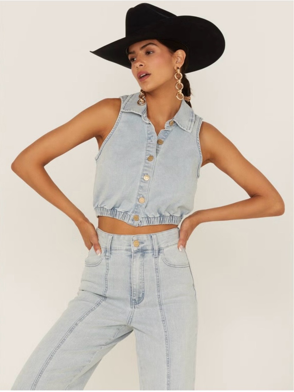 Show Me Your MuMu Light Blue Denim Cropped Button-Up Tank